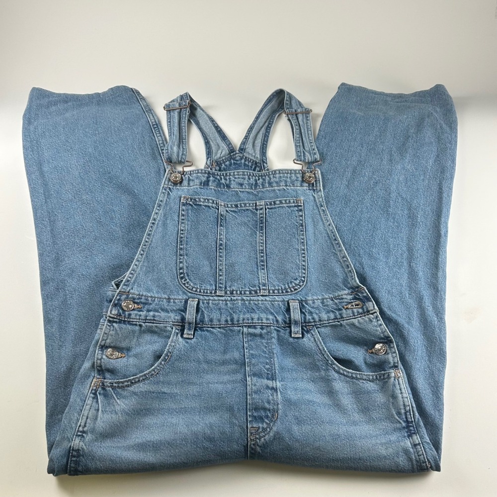 American Eagle WMNS XS Baggy Dad Overalls Light Wash Farmer Distressed Denim